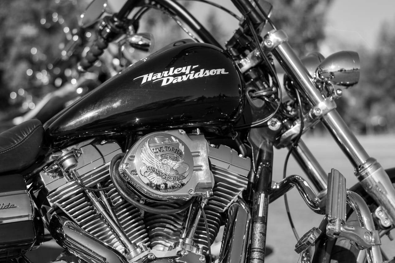 About Black and white close-up of a vintage Harley-Davidson motorcycle engine showcasing its iconic design.