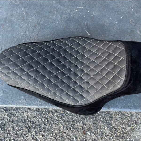danny gray seat with custom diamond tuck reupholstery.nnfits 2007 thru 2016 harley softails (deluxe, heritage, etc)